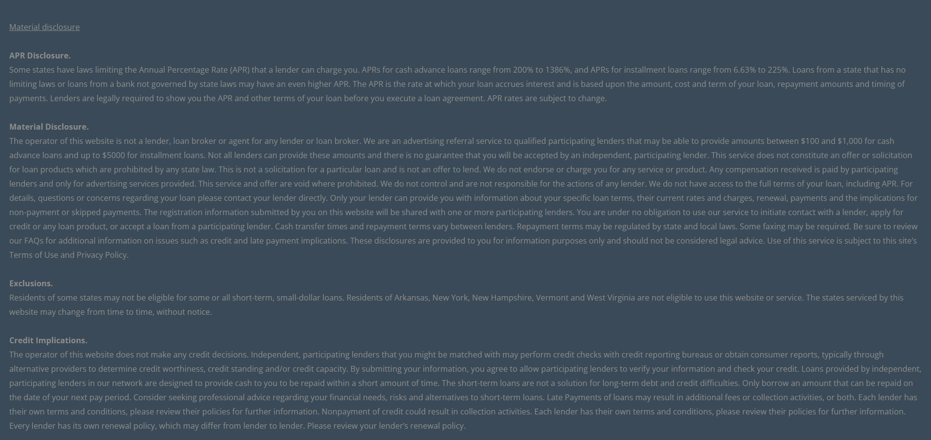 Material disclosure for payday loans in Seaside California